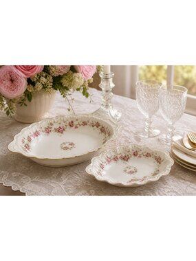 Set Of 2 Haviland New York Vintage Serving Bowls With Gold Trim & Pink Rose